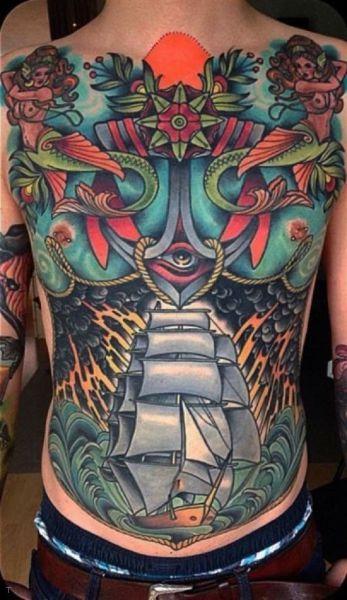 tattoo, Big Oldschool Ship Chest Tattoo Oldschool tattoo of a ship with an anchor, also some topless girls on the shoulders