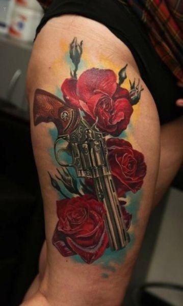 tattoo, Guns And Roses Red roses with a pistol
