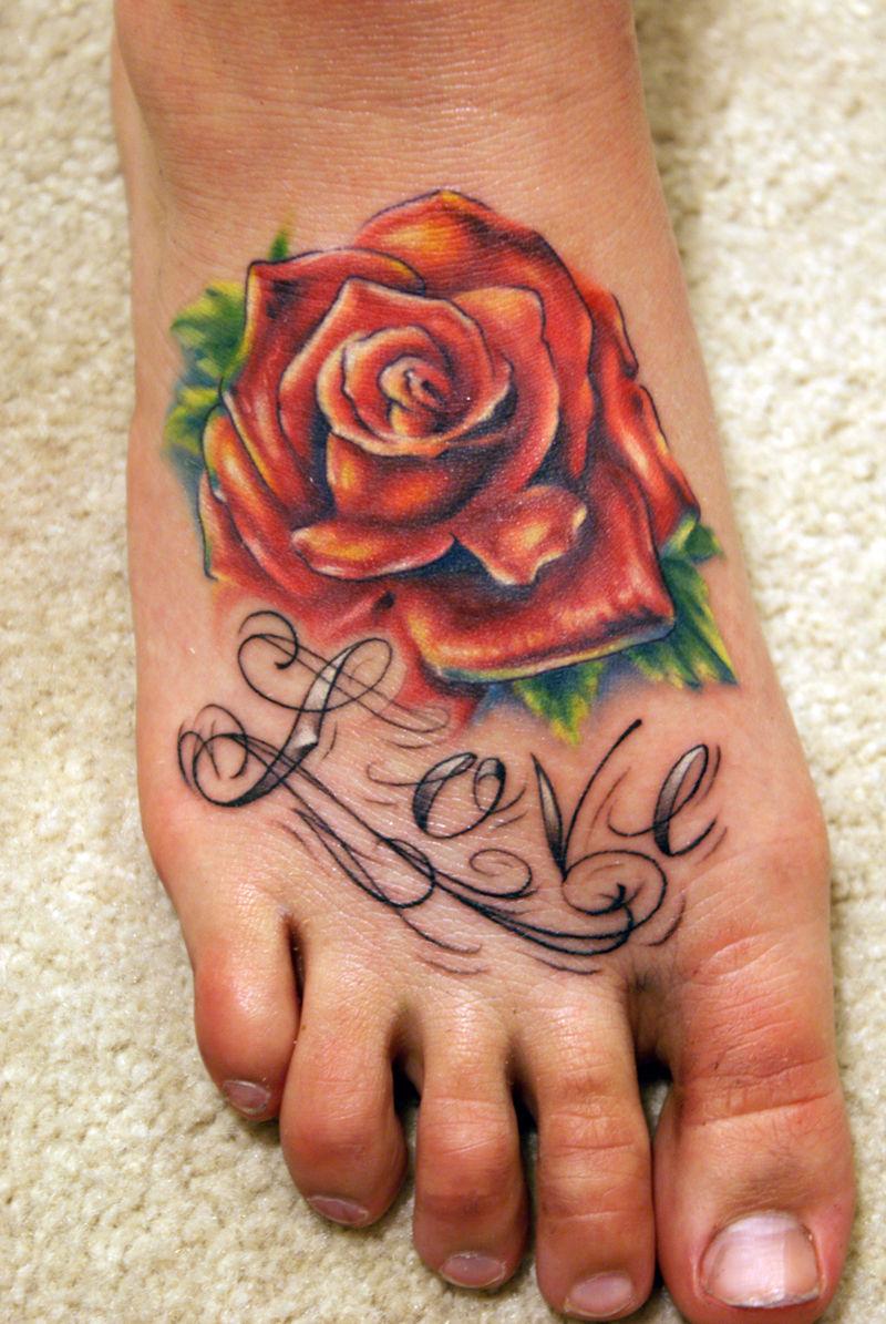 tattoo, Love Rose Tattoo with the text love, and a red rose