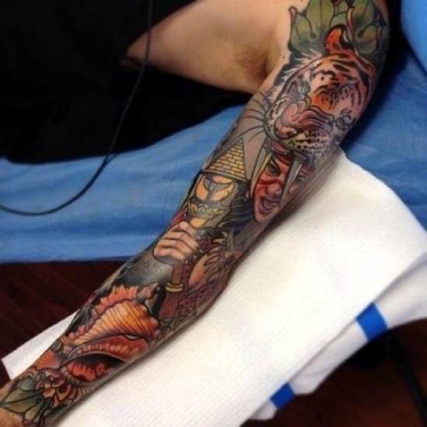 tattoo, Mayan Girl With Tiger Mask Very nice tatttoo of a Mayan girl with a tiger head as a mask.