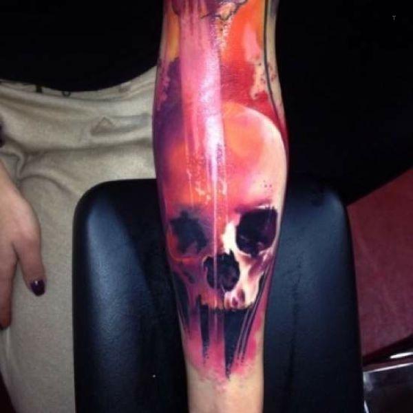 tattoo, Pink Skull Arm tattoo of a skill with pink highlights
